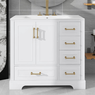 Winston Porter 36 Inch Classic Bathroom Vanity With Ceramic Basin Bathroom Cabinet With Two Quiet Close Doors And Four Drawers