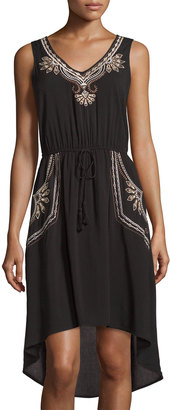 Neiman Marcus Sleeveless Embroidered High-Low Dress, Black/Neutral