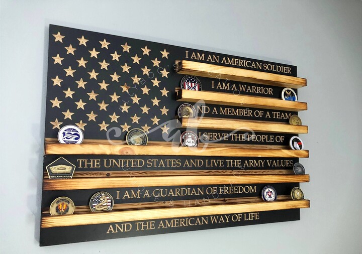 100 Coins Army Soldier's Creed Motto Us Flag Challenge Coin Holder Display Rack Distressed Wood Retirement Promotion Gift Veteran