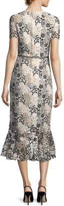 Shoshanna Edgecombe Short-Sleeve Floral Lace Dress w/Flounce Hem