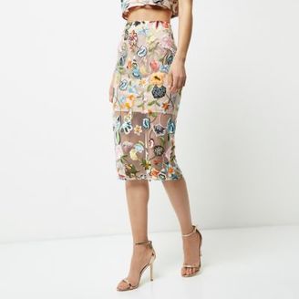 River Island Womens Pink floral embroidered midi pencil skirt