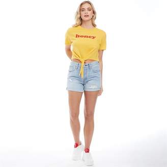 Brave Soul Womens Honey Cropped Tie Front T-Shirt Mustard