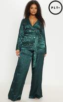 Thumbnail for your product : PrettyLittleThing Plus Satin Emerald Green Jacquard Long Line Blazer
