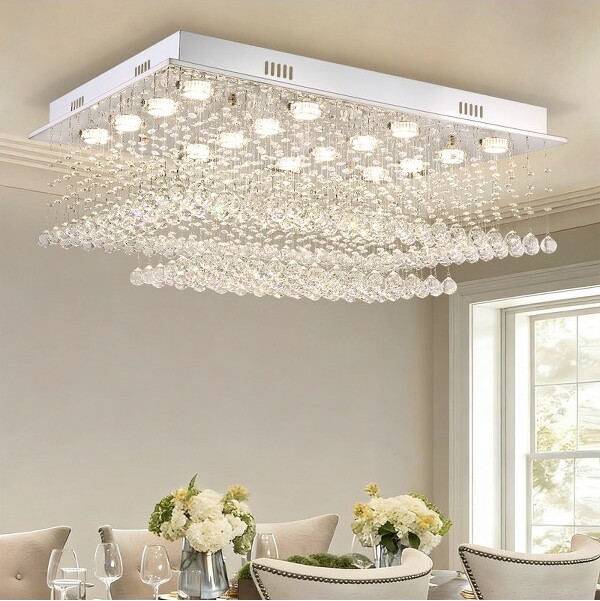 SiljoyLargeCrystalChandelierModernRectangularRaindropGoldChandelier2-TierChandelierLightFixturesLuxuryChandeliersL35.4xW27.6xH14