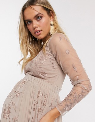 ASOS Maternity DESIGN Maternity embroidered pleated mesh detail maxi dress