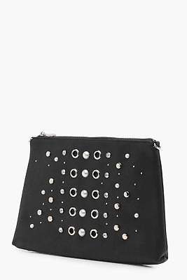 boohoo Womens Maisy Pearl And Eyelet Zip Top Clutch