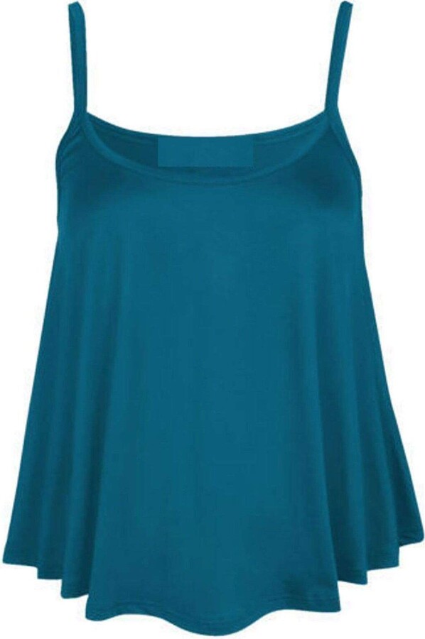 Womens Plain Cami Swing Vest Sleeveless Top Ladies Strappy Flared Cami Vest Top Plus Size Turquoise 