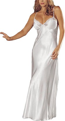 Oversize Silk Nightgown Long Satin Slip Dress Nightdress Spaghetti Strap  Silky Chemise Nightie V Neck Nightwear For Women-white