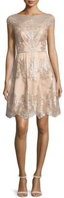 Kay Unger New York Cap-Sleeve Metallic Lace Fit-and-Flare Dress, Mocha