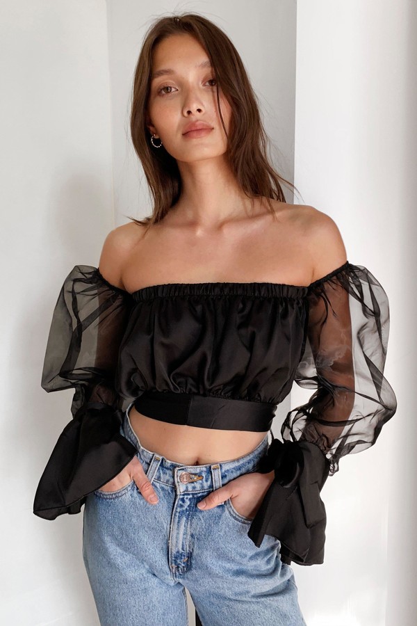 sheer black off the shoulder blouse