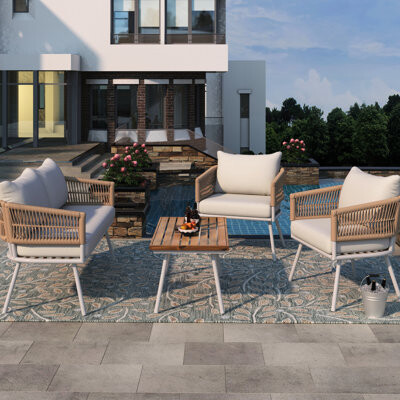 Dakota Fields Rope Patio With Water Repellent Fabrics And Strong Decor - Beige Outdoor Seating Wood & Comfortable Cushioning