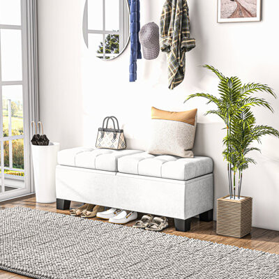 46" Bench With Hidden Compartment For Storage, Cream, Bedroom, Living Area, Entry, Steel Made Cream Upholstered End Of Bed Stool Storage And Comfortab