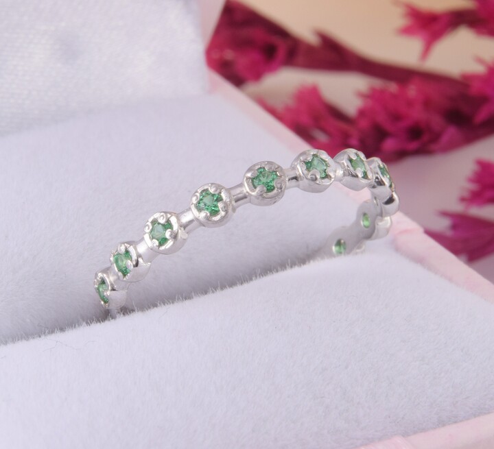 Etsy Simple & Dainty Silver Emerald Wedding Band, Womens Art Deco Tiny Minimalist Band For Her, Small Delicate