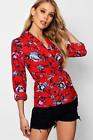 Boohoo Womens Long Sleeve Floral Wrap Tie Top in Red size 8