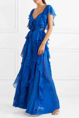 Elie Saab Ruffled Georgette And Lace Gown - Blue