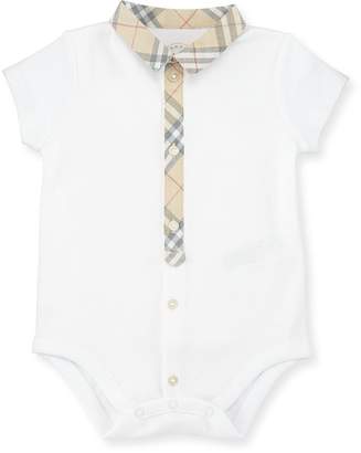 Burberry Tannar Check-Placket Jersey Playsuit, White, Size 3-24 Months