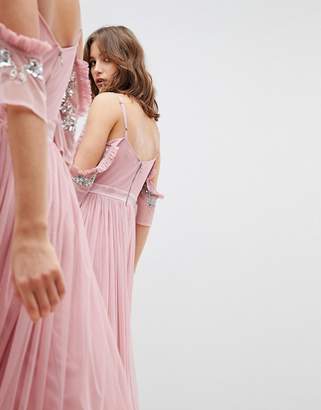 Maya Cold Shoulder Sequin Detail Tulle Maxi Dress With Ruffle Detail