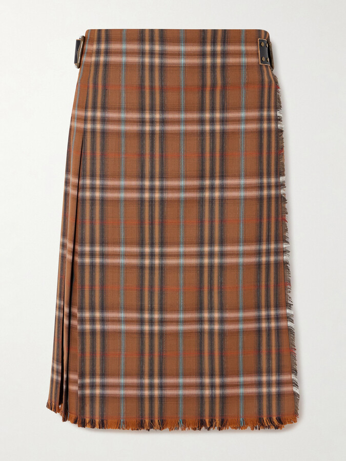 Burberry Belted Frayed Checked Wool Skirt - Brown