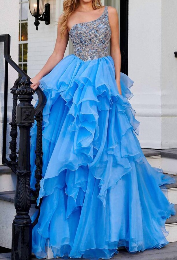 RACHEL ALLAN Shimmering Asymmetrical Long Gown In Periwinkle