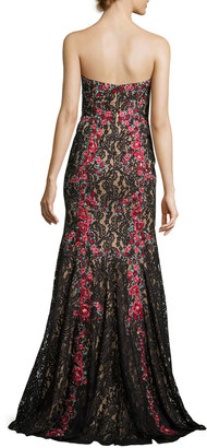 Jovani Strapless Embroidered Floral Lace Gown, Black/Multicolor