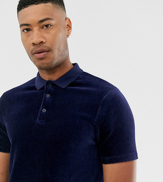 ASOS DESIGN Tall longline polo shirt in ribbed velour in navy