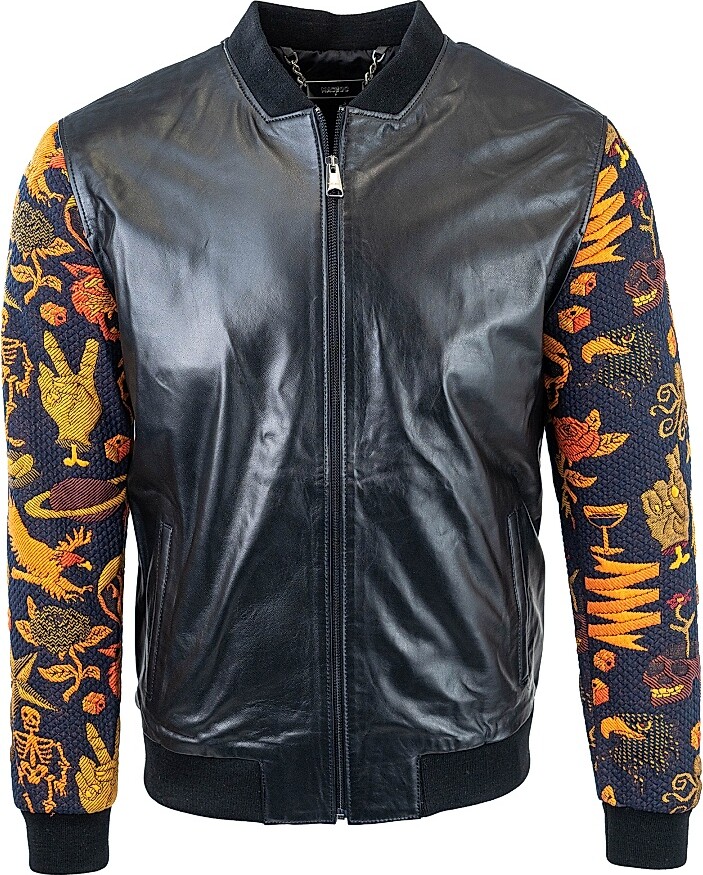 Maceoo Men's Leather Sleeve Skull Jacket - Black - Size Small