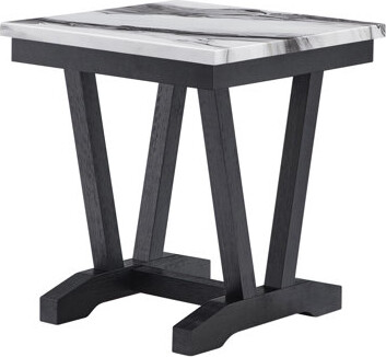 Latitude Run Stylish Faux Marble Top End Table with Double Pedestal Base and V-Shape Sides Perfect for Modern and Elegant Living Spaces.