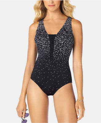 Swim Solutions Beaded-Front Tummy-Control One-Piece Swimsuit, Women Swimsuit