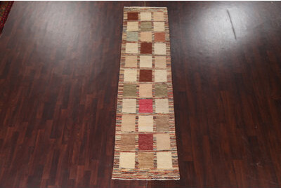 Rugsource Checkered Gabbeh Kashkoli Oriental Runner Rug Hand-Knotted