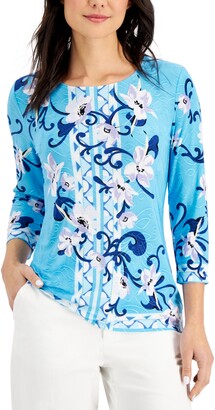 JM Collection Petite Printed Textured 3/4-Sleeve Top, Created for Macy's
