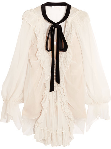 Chloé Velvet-trimmed Ruffled Silk-crepon Blouse - Off-white - ShopStyle ...