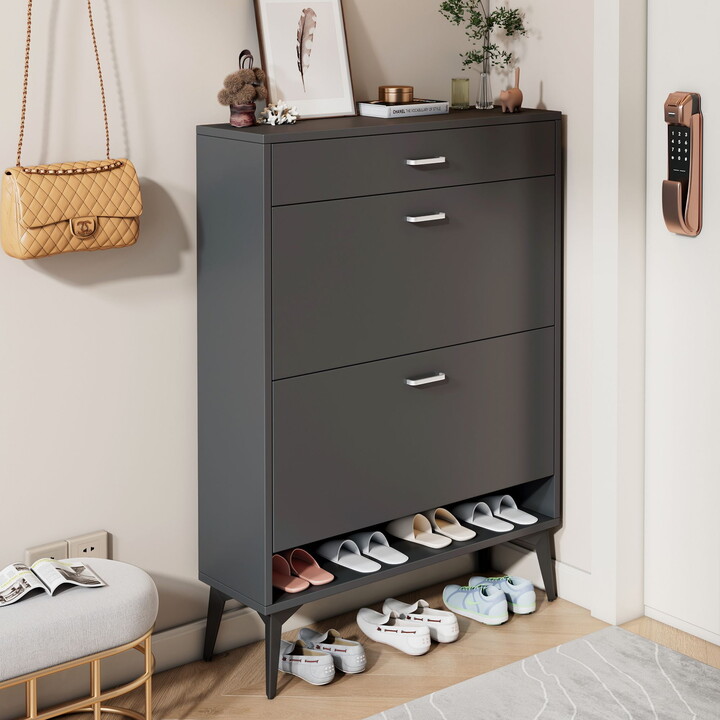 Aukfa Shoe Cabinet with 2 Flip Drawers and 1 Storage Drawers - Gray