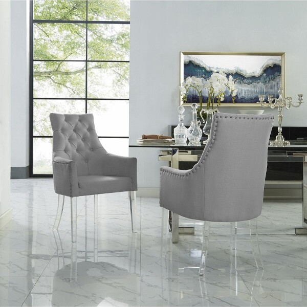 INSPIRED HOME InspiredHomeMarilynLinenButtonTuftedSwoopArmAcrylicLegDiningChair(Setof2)LightGrey