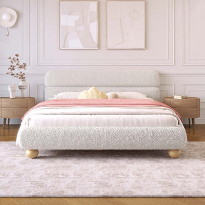George Oliver Contemporary Low Profile Upholstered Bed with Teddy Fleece Fabric Solid Round Legs and Curve-Shaped Design Ideal for a Cozy Bedroom