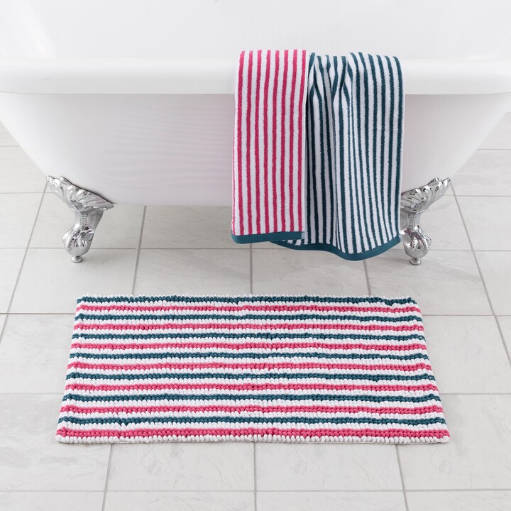 Dunelm Fuscia and Peacock Stripe Bobble Bath Mat Pink/Green/White