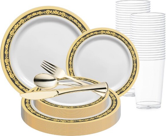 Smarty Had a Party SmartyHadAPartyWhitew/Black&GoldRoyalRimPlasticWeddingSet-For30Guests