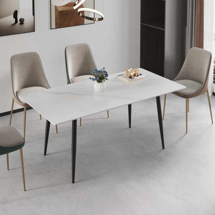 INSEUS Modern White Slate Dining Table,Rectangular Tabletop with Steel