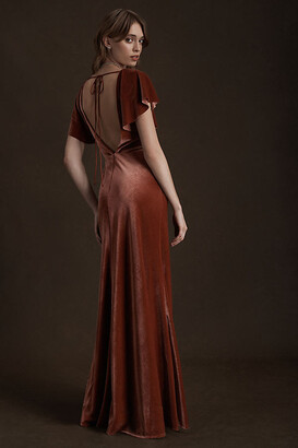 Jenny Yoo Ellis Flutter-Sleeve Open-Back Stretch Velvet Gown