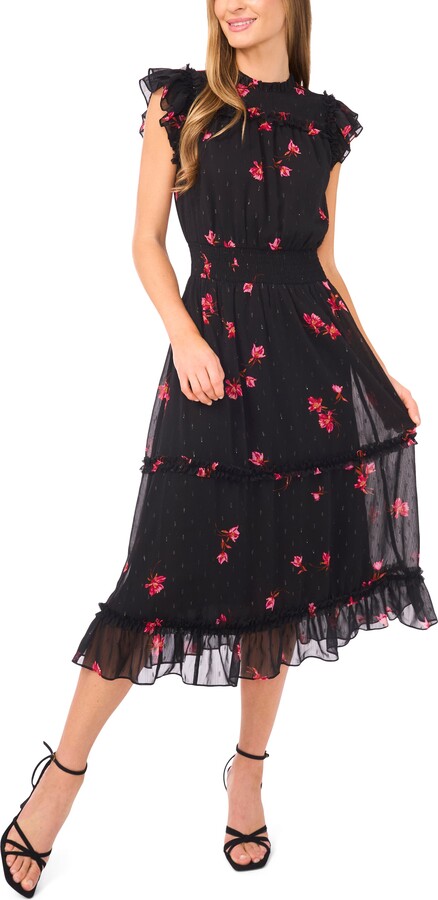 CeCe Floral Flutter Sleeve Smocked Midi Dress