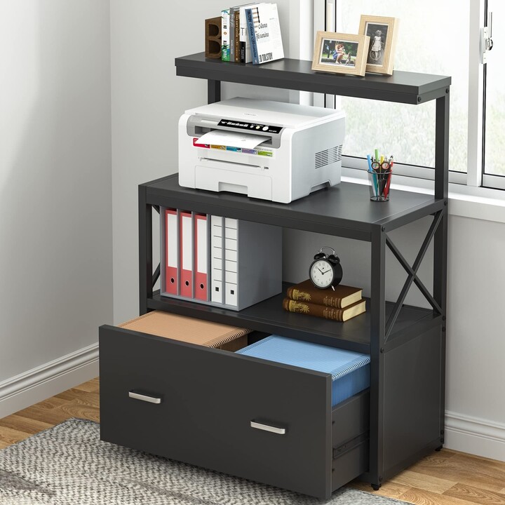 Costway 3-Drawer Wood File Cabinet Mobile Lateral Printer Stand with Open  Storage Shelves