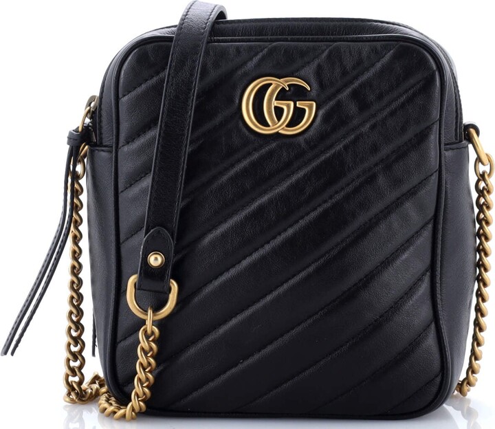 Gucci GG Marmont Double Zip Camera Bag Diagonal Quilted Leather Mini