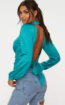 Thumbnail for your product : PrettyLittleThing Teal Satin Open Back Plunge Choker Blouse