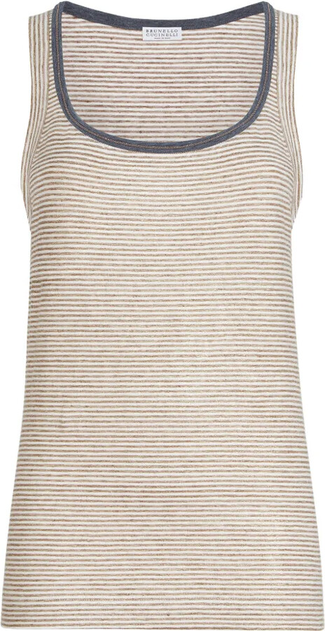Brunello Cucinelli Striped-Pattern Trim Linen Top