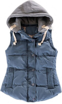 YMING Women's Winter Warm Gilet Solid Color Zip Button Vest Sleeveless Quilted Jacket with Pockets Coat with Removable Hood 2XS 2XL 