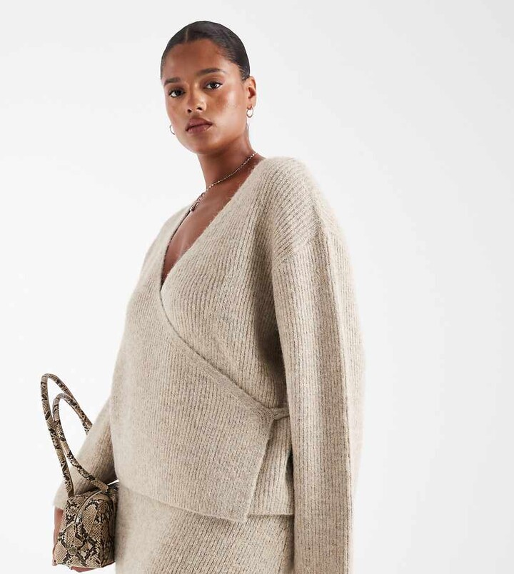 4th & Reckless Plus wool feel soft knit wrap tie detail cardigan in beige - part of a set