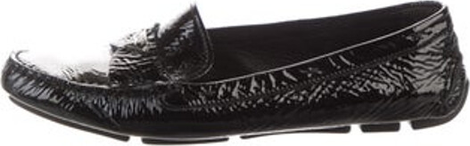 Prada Patent Leather Loafers Black Rubber Trim Square-Toes Includes Box & Dust Bag Designer