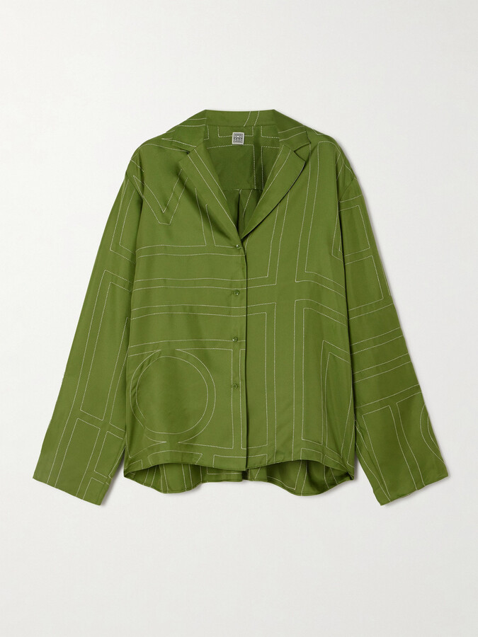 Totême Embroidered Silk-twill Shirt - Green