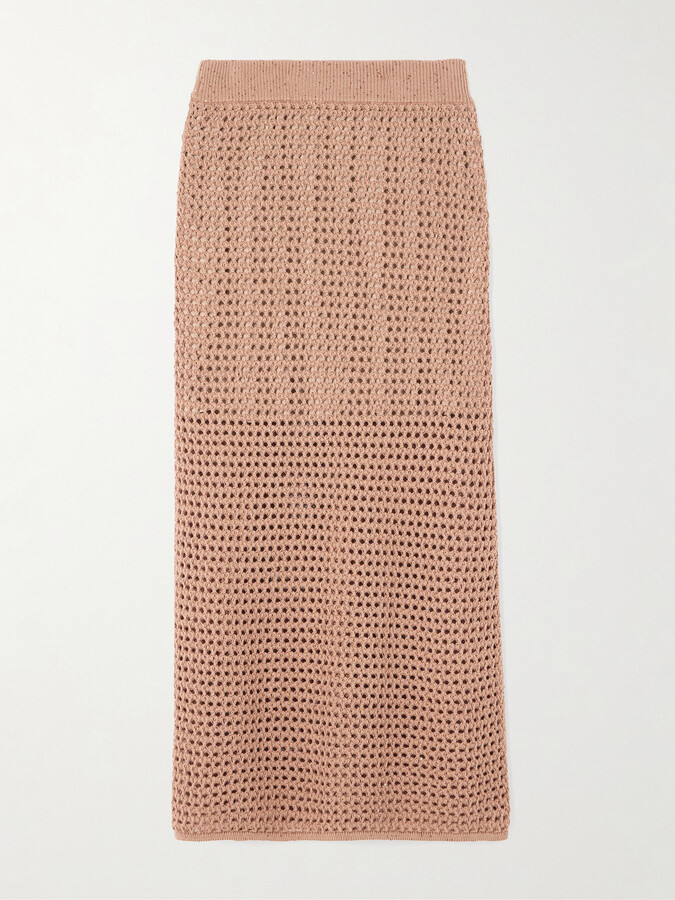 Brunello Cucinelli Sequin-emhellished Open-knit Cotton-blend Midi Skirt - Orange