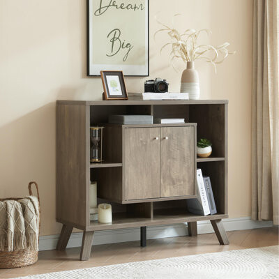 George Oliver Compact Display Storage Sideboard Bookcase Cabinet Two Door Four Open Shelves Metal Knobs Wooden Flared Legs