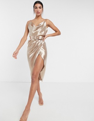 ASOS DESIGN cami satin midi dress with cowl neck and belt in soft Gold